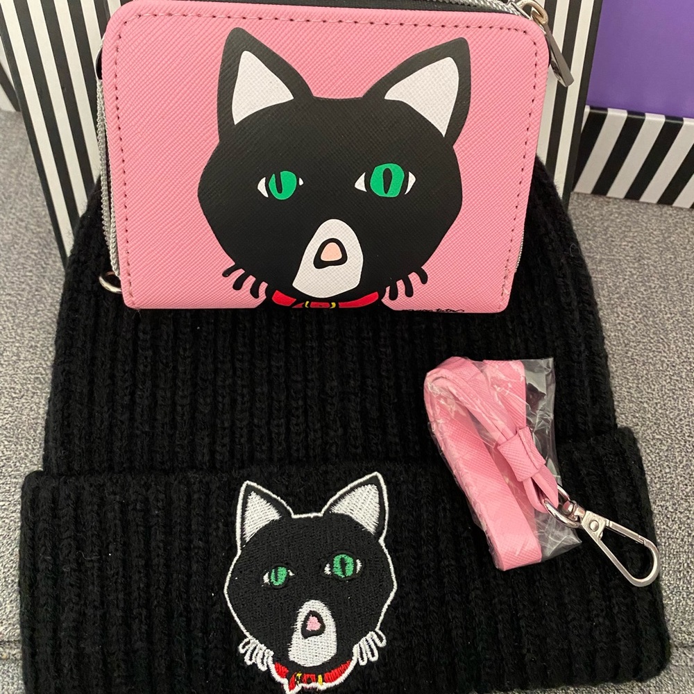 Marc Tetro Beanie & Wallet New Black Hat Pink Wallet NWT